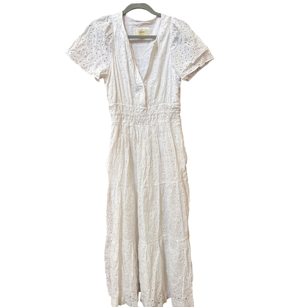 Maeve Anthropologie White Eyelet Maxi Dress V-Neck Smocked Tiered Medium - Picture 1 of 8